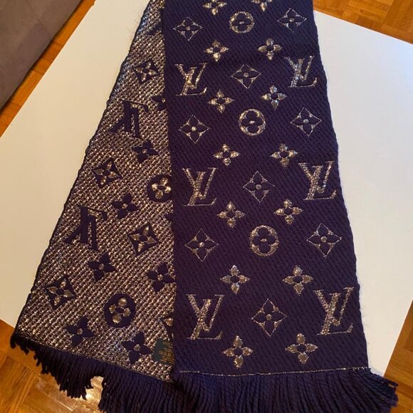 Louis Vuitton Dark Blue and Gold Monogram Logomania Shine Scarf - Picture 1 of 3